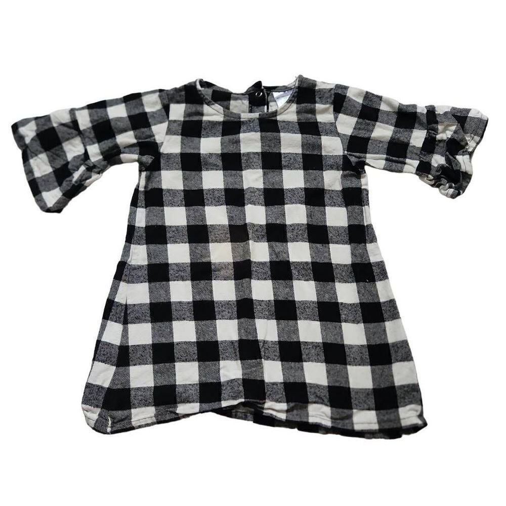 Girls Size 3T Black White Buffalo Plaid Flare Sleeve Dress